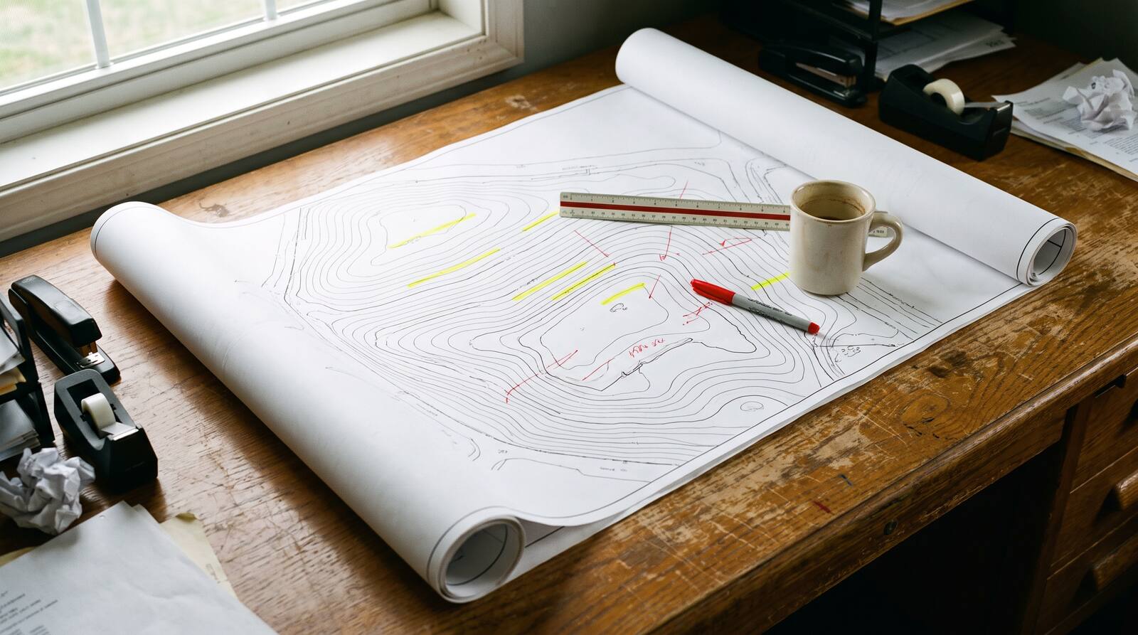 A printed grading plan on a desk, marked up with yellow highlighter and red pen, next to a scale ruler and a coffee mug