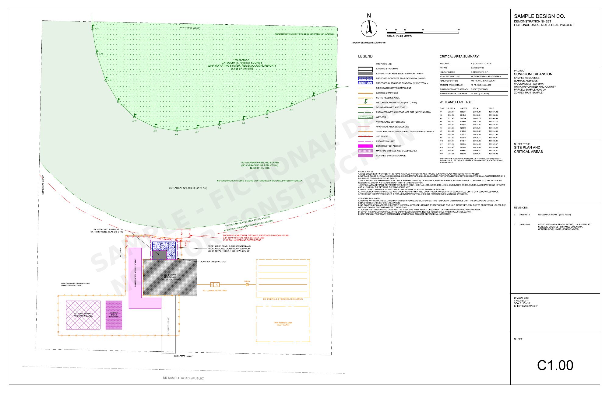 Revision 1: the same plan with the wetland, buffer, setback, distances and construction limits added
