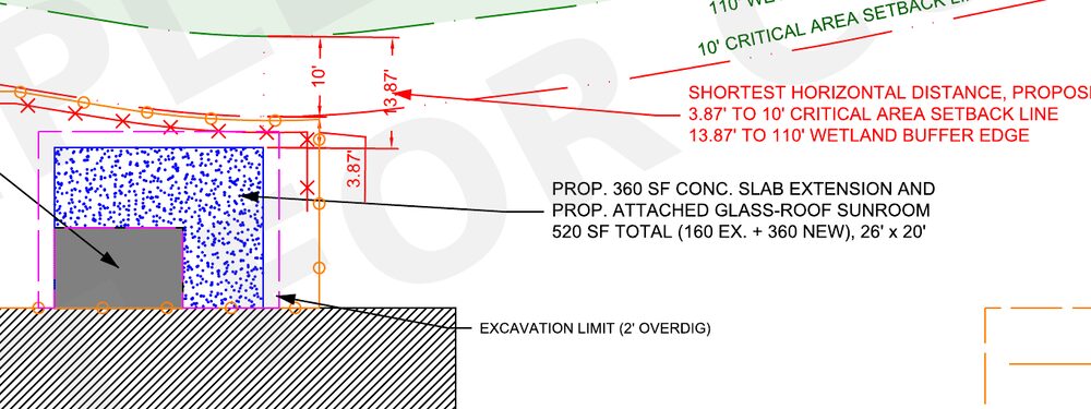 Drawing detail: wetland buffer and setback lines with the shortest distances to a new slab