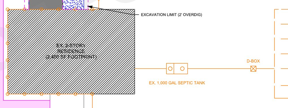 Drawing detail: house, construction access, staging area, septic tank and drainfield