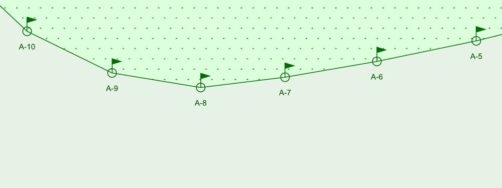 Drawing detail: boundary bearing and distance, numbered wetland flags